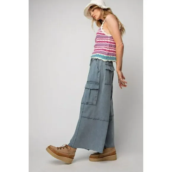 Easel Netflix and Chill Mineral Washed Wide Leg Cargo Pants Faded Navy eb40795 - Picture 5 of 5
